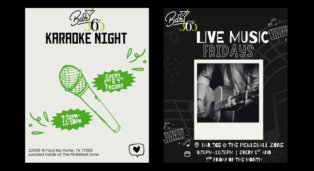 Bar 365 event flyers: Karaoke Night every 2nd and 4th Friday, Live Music Fridays every 1st and 3rd Friday, 9:30 to 11:30 PM